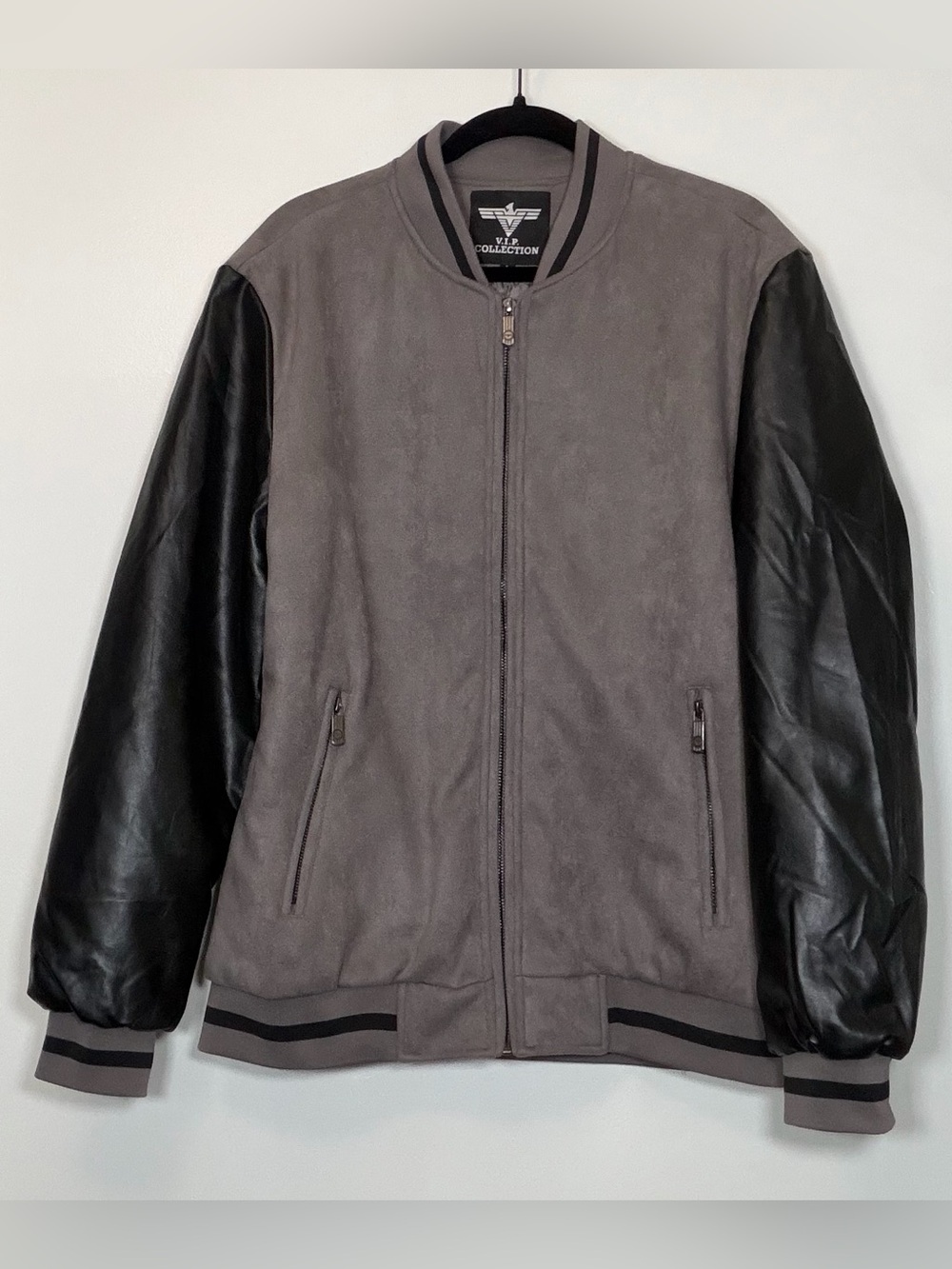 VIP Gray Bomber Jacket with Black Pleather Sleeves